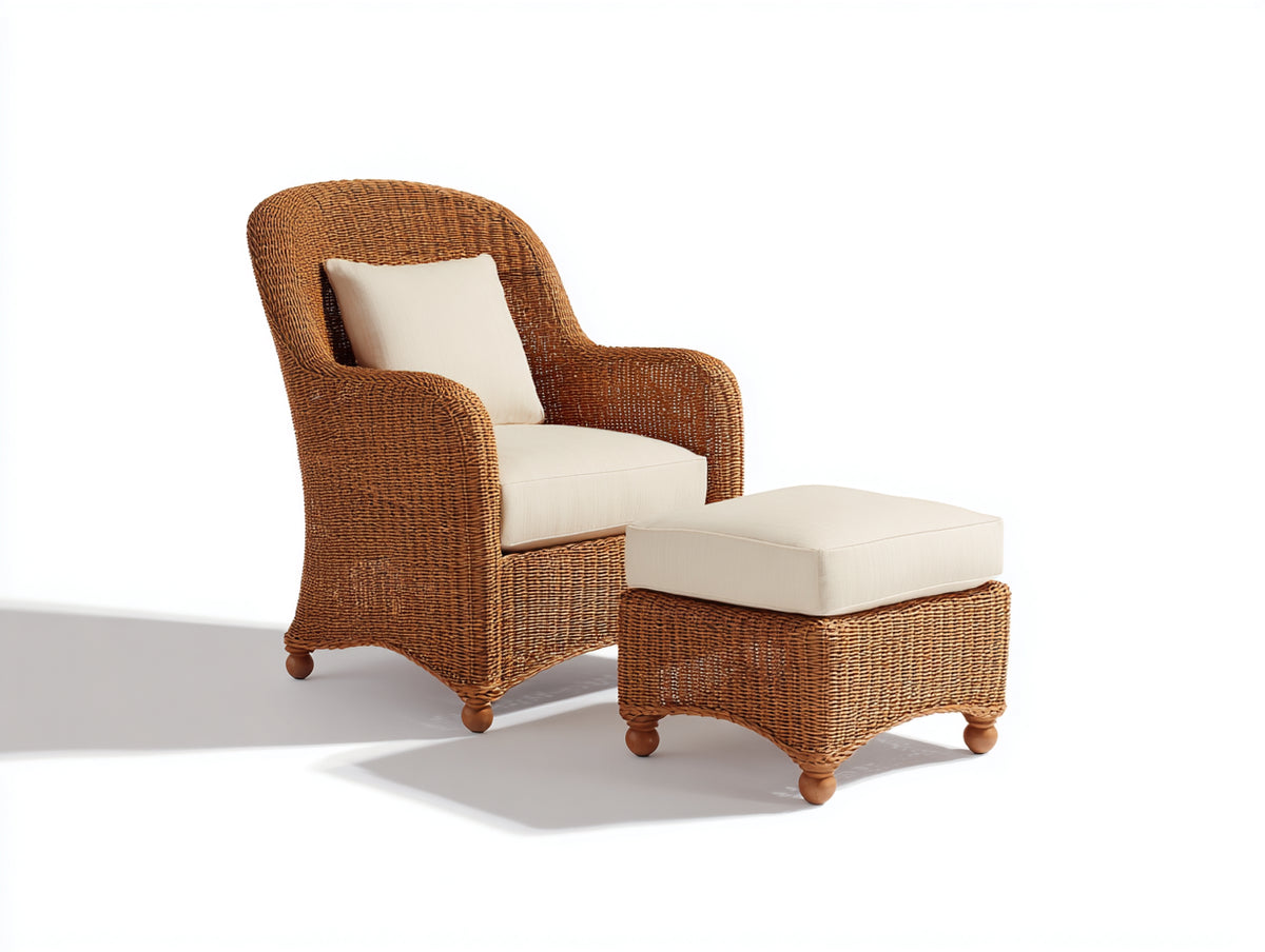 Fauteuil de jardin - Rotin tressé-Tissu - longueur 79cm x largeur 84cm x hauteur 101cm - Marron miel-Crème - Style classique