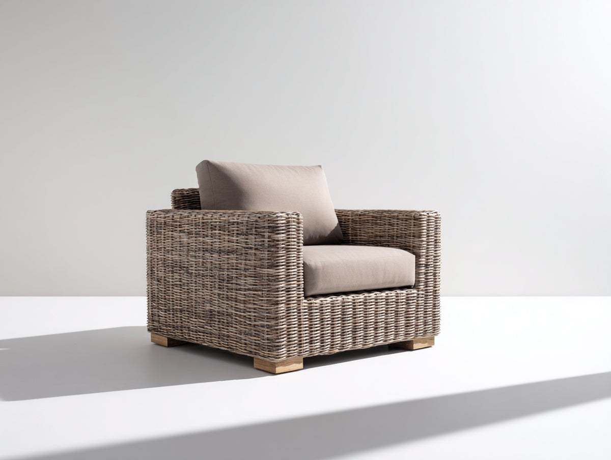 Fauteuil de jardin - Rotin tressé-Tissu - 88x84x80 cm - Brun grisé-Beige taupe - Style moderne