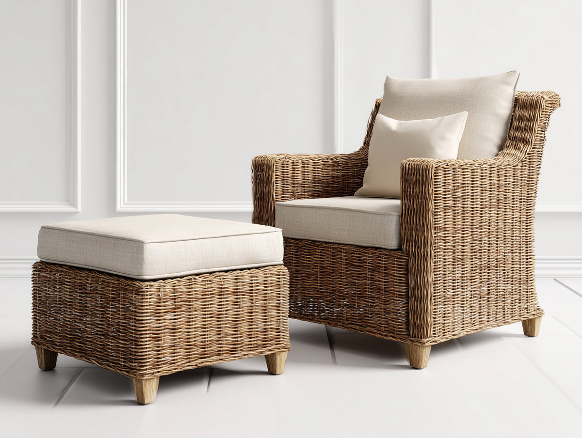 Fauteuil de jardin - Rotin tressé-Tissu - longueur 82cm x largeur 78cm x hauteur 98cm - Marron clair-Beige - Style naturel