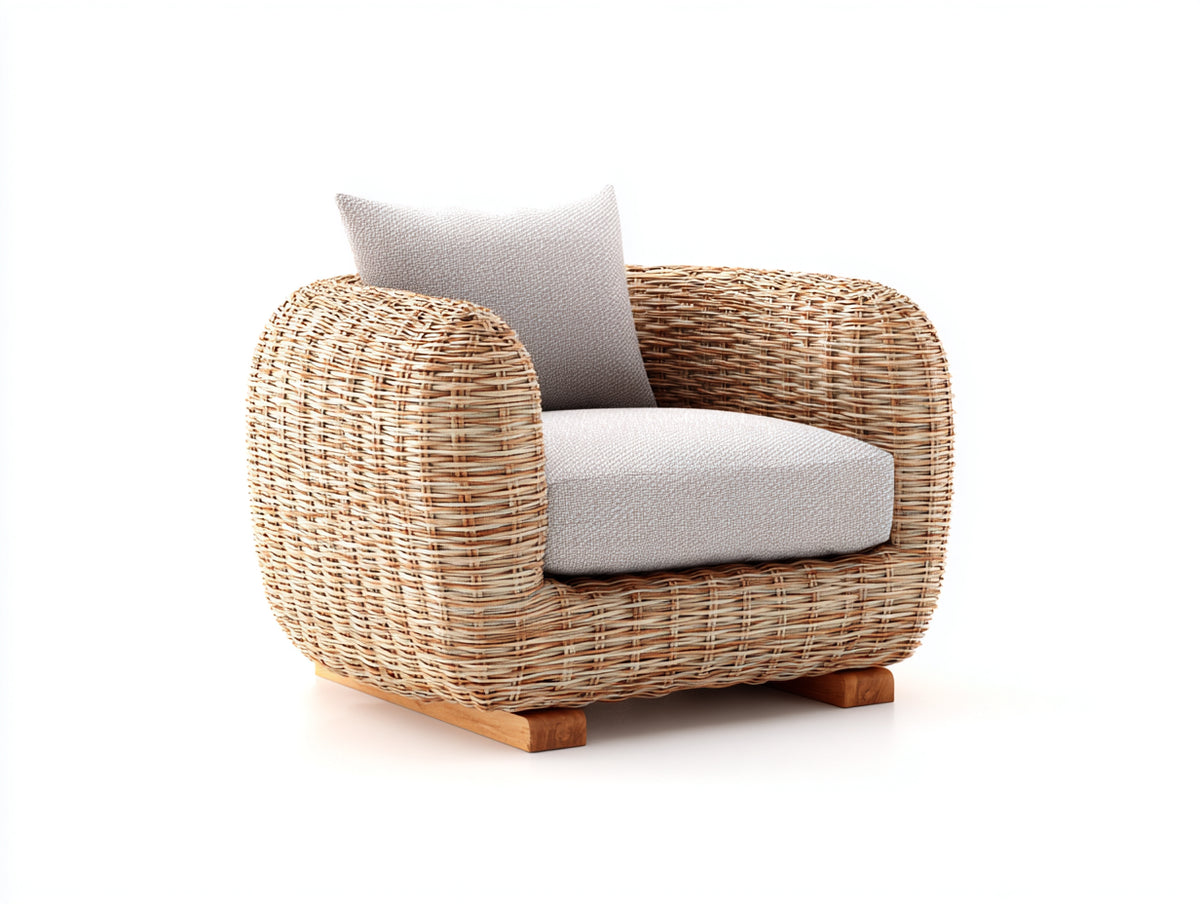 Fauteuil de jardin - Rotin tressé-Tissu - 88x84x78 cm - Beige naturel-Grège - Style organique
