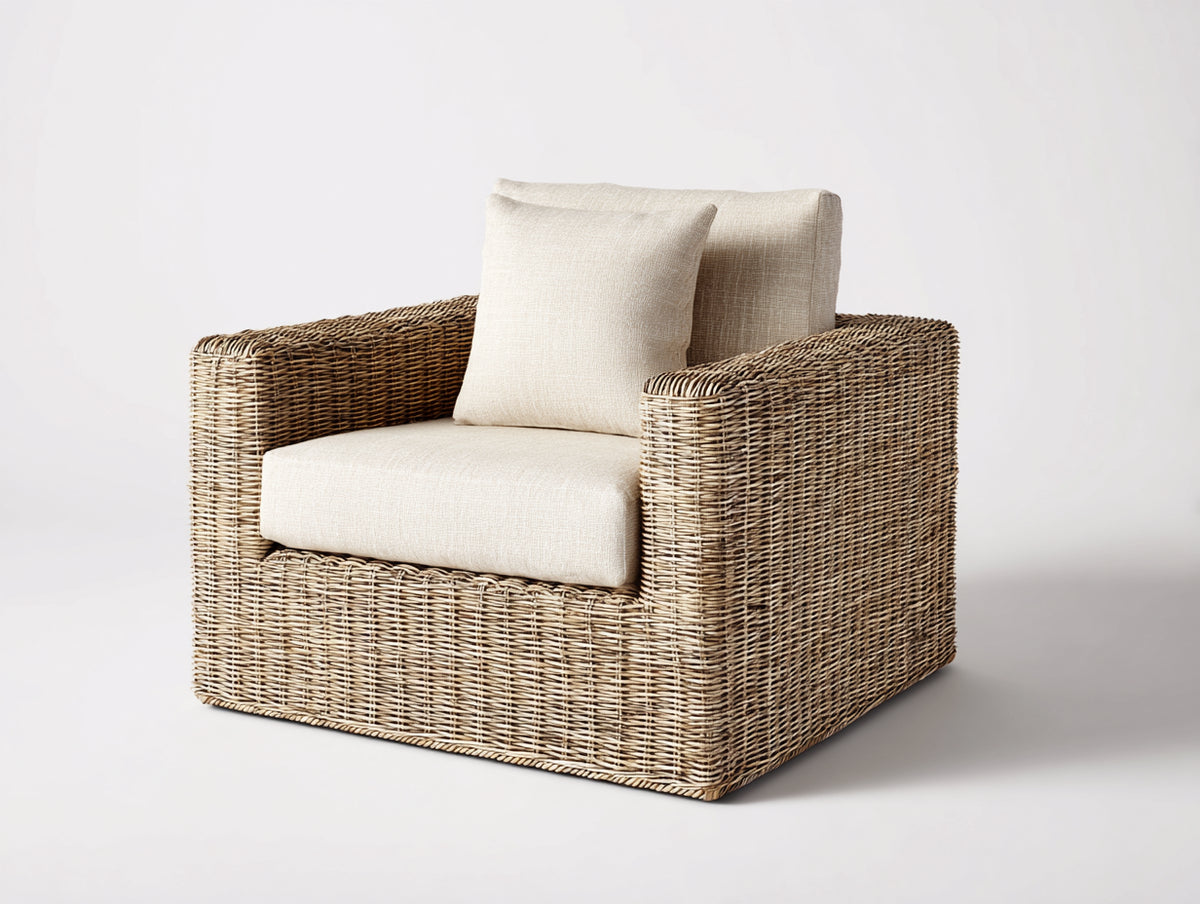 Fauteuil de jardin - Rotin tressé-Tissu - 89x86x79 cm - Taupe naturel-Écru - Style contemporain