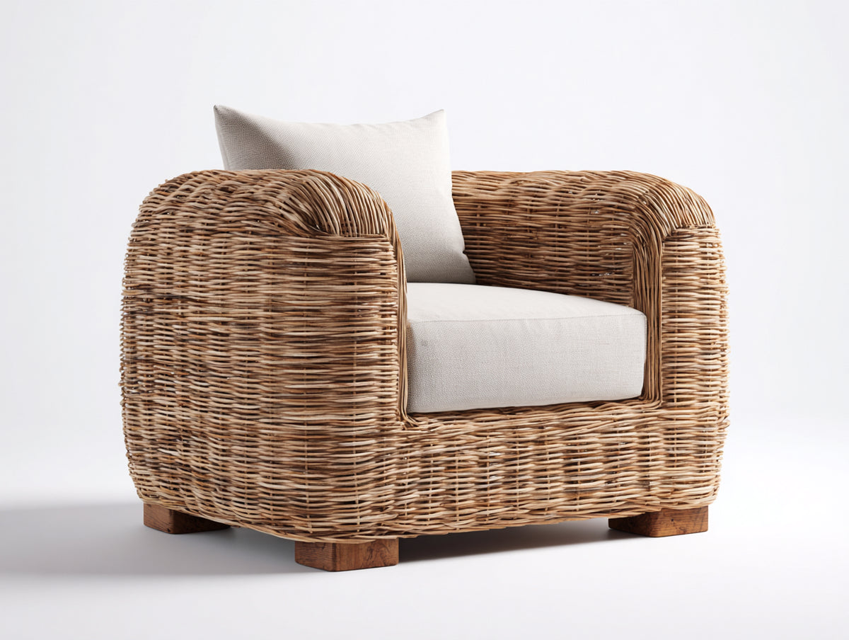 Fauteuil de jardin - Rotin tressé-Tissu - 91x87x80 cm - Marron naturel-Écru - Style rustique contemporain