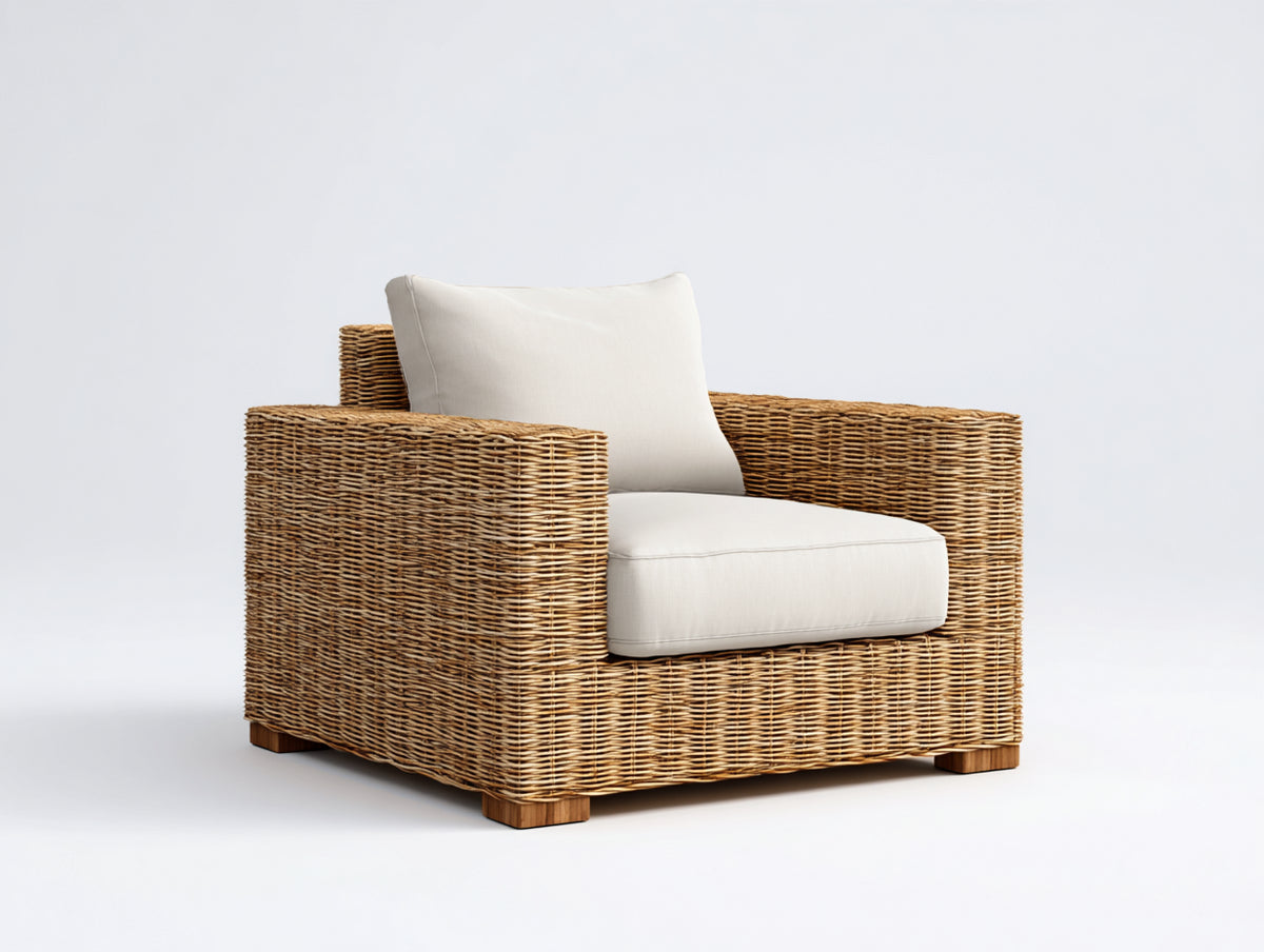 Fauteuil de jardin - Rotin tressé-Tissu - 90x85x81 cm - Marron miel-Blanc cassé - Style naturel