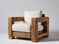 Fauteuil de jardin - Rotin tressé-Tissu - 83x78x84 cm - Marron naturel-Écru - Style contemporain
