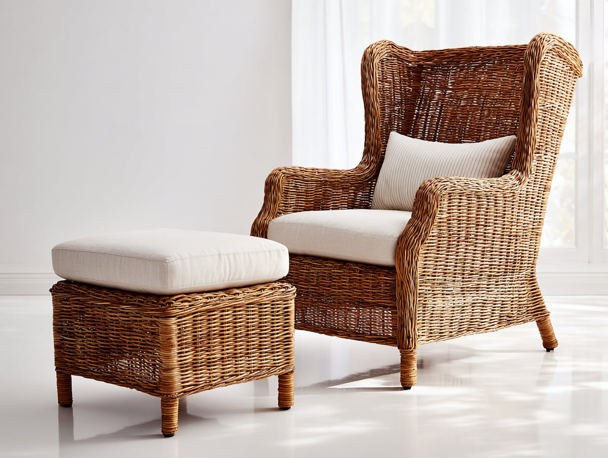 Fauteuil de jardin - Rotin tressé-Tissu - 84x79x106 cm - Marron naturel-Beige - Style classique