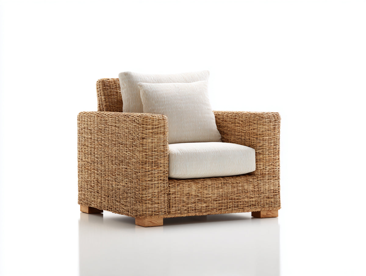 Fauteuil de jardin - Rotin tressé-Tissu - 86x82x85 cm - Marron miel-Écru - Style naturel