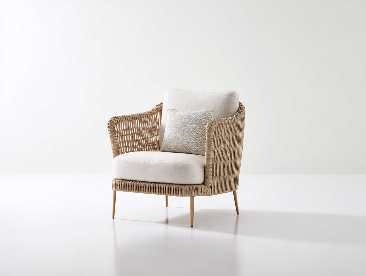 Fauteuil de jardin - Rotin tressé-Tissu - 80x78x84 cm - Marron clair-Écru - Style contemporain