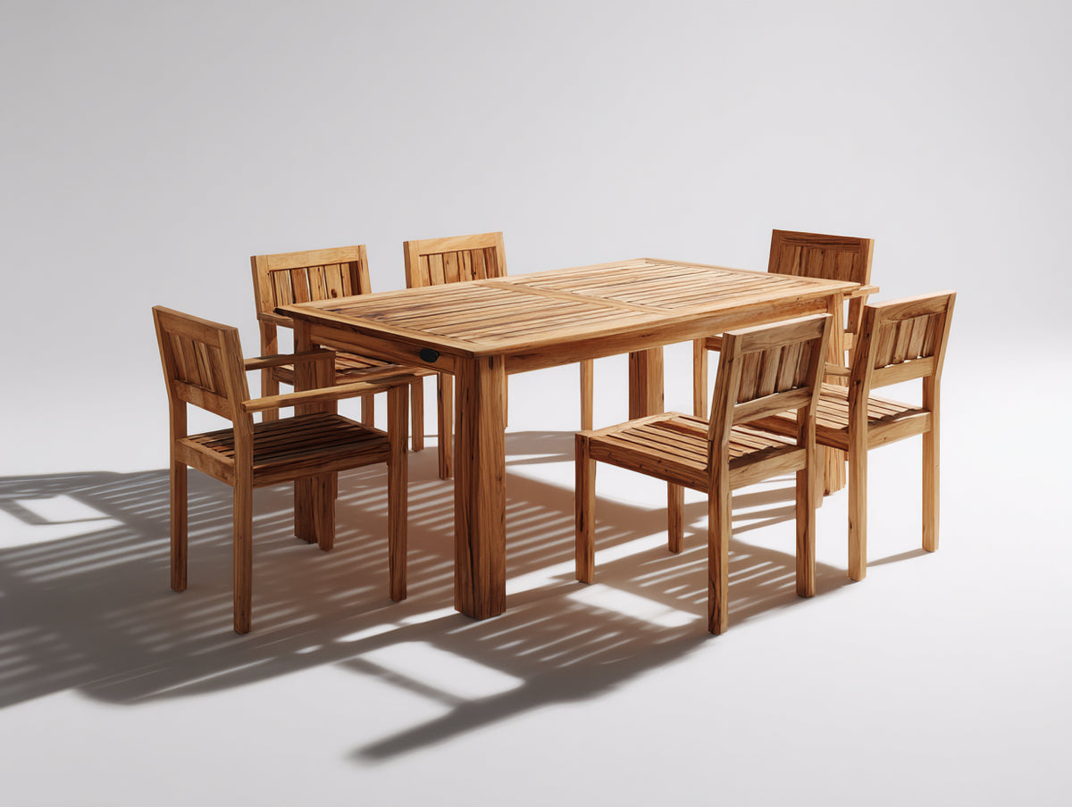 Salon de jardin repas - bois massif - 150 x 90 x 75 cm - bois naturel - style classique