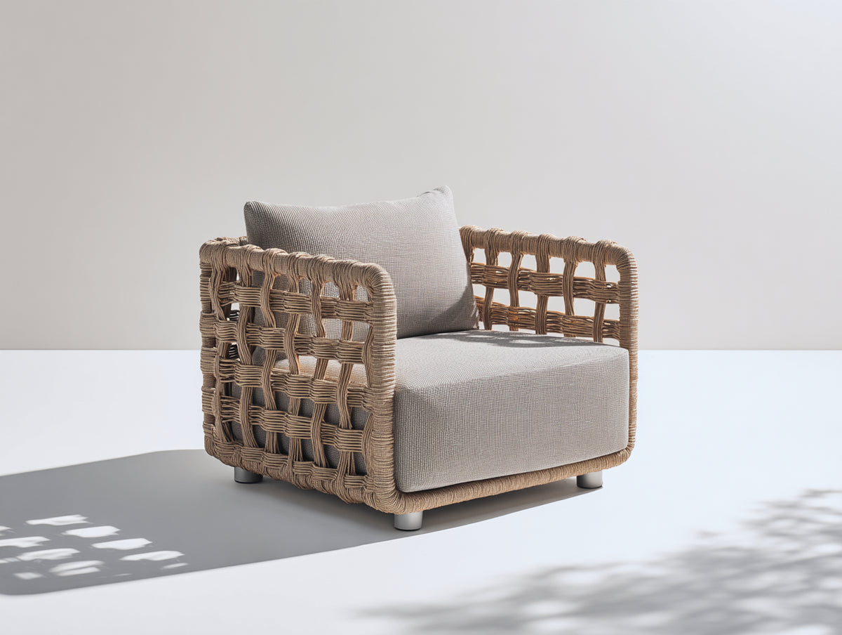 Fauteuil de jardin - Rotin tressé-Tissu - 84x80x79 cm - Beige naturel-Grège - Style contemporain